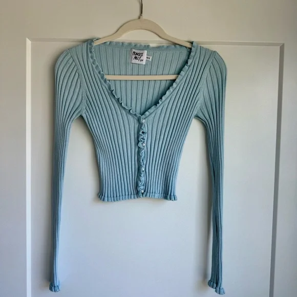 Princess Polly Blue Ribbed Ruffle Top XS/S - Picture 3 of 7